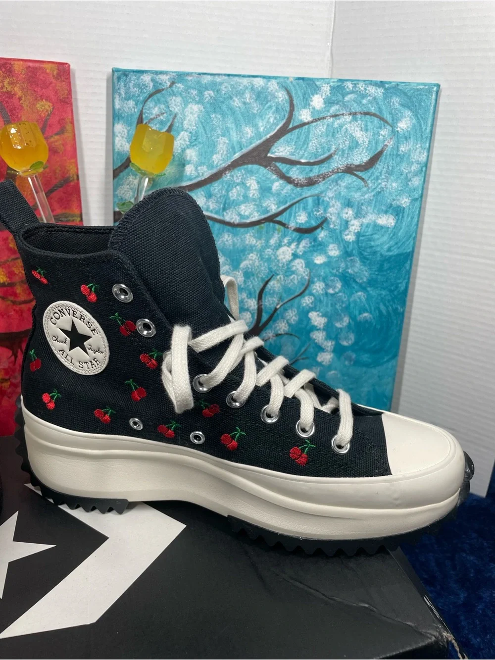 Converse women’s Black High-Top Sneakers size 8.5 with Red Cherry Embroidery.